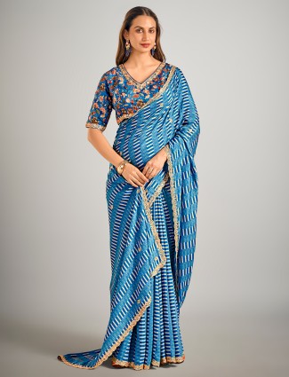 astel blue printed crepe silk party wear saree