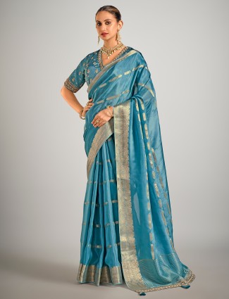 Rama blue dola silk zari weaving wedding wear saree