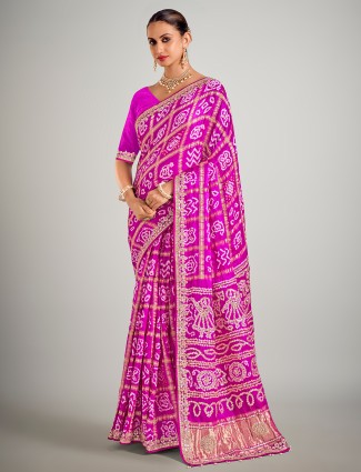 Rani color printed gajji silk zari weaving printed saree