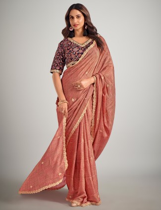 Red printed crepe silk party wear saree with resham work