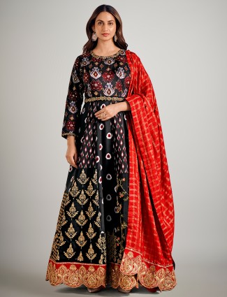Black silk pakistani quarter sleeves anarkali suit with dupatta