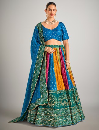 Blue bandhej print silk lehenga choli with beads work