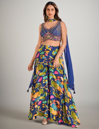 Blue satin silk printed wedding palazzo suit