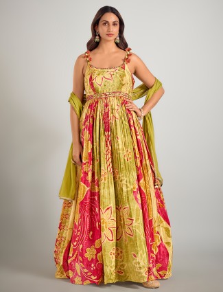 Mehendi green printed sleeveless designer suit