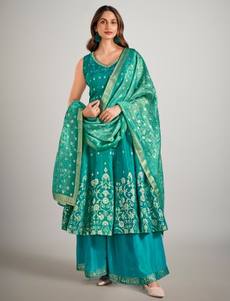 Peacock green silk  sleeveless palazzo suits