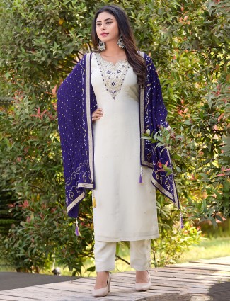 Cream straight cut silk salwar suit for festival season