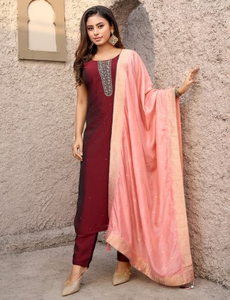 Maroon silk salwar suit with matching dupatta