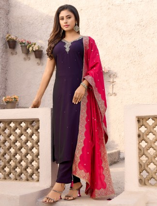 Navy silk straight cut  festival style salwar suit