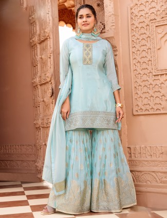 Pastel blue chiffon pakistani sharara suit with sequins work