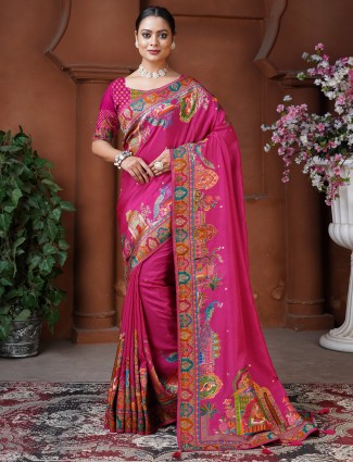 Rani color dola silk saree with zari embellishment