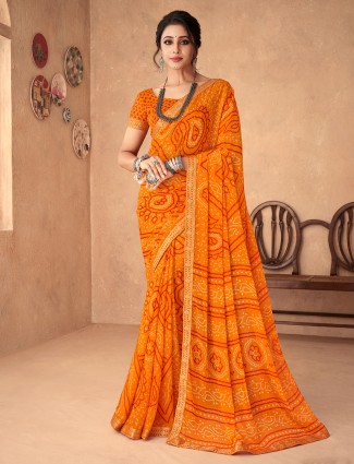 Newest orange bandhani saree in chiffon with print