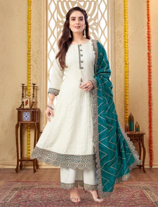Stunning cream cotton silk salwar suit with dupatta