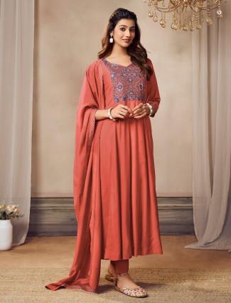 Dark peach printed kurti set in silk