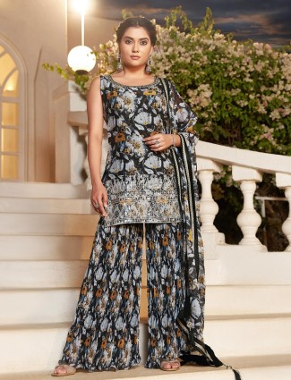 Elegant georgette printed sharara suit in black