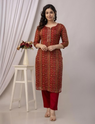 Red printed kurti set in cotton silk