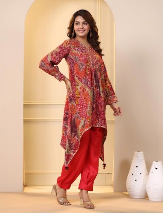 Red printed cotton silk kurti set for women