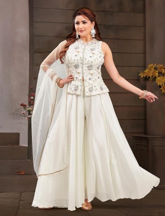 Pretty white silk palazzo suit with sequins work for women