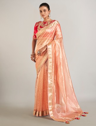 Peach banarasi tissue silk zari weaving saree