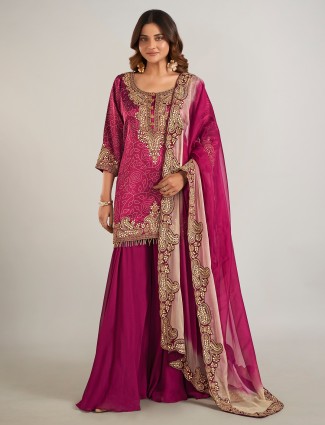 Purple silk printed wedding wear palazzo suit