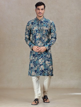 Blue regal elegance printed kurta suit in tussar silk for men's