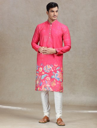Fuchsia pink vibrant tussar silk kurta suit for men's