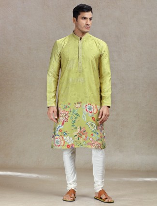 Green kurta set subtle sophistication in tussar silk for men's