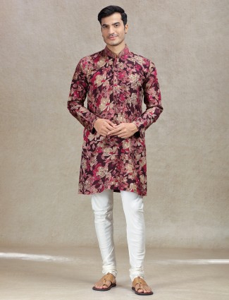 Wine elegant sophistication printed kurta pajamas for men