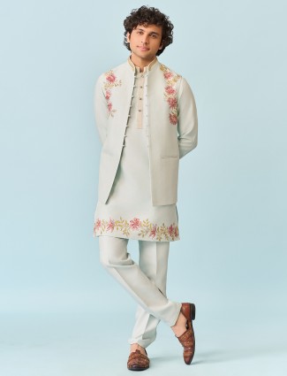 Mint blue charming printed kurta jacket set for men