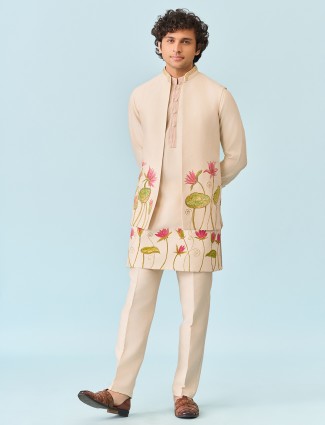 Cream exquisite lotus flower hand printed kurta jacket set