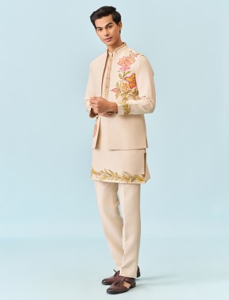 Cream waistcoat set with serene hand print