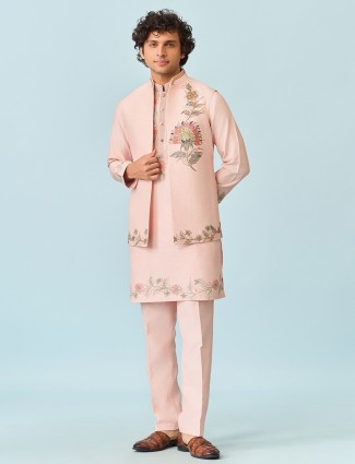 Peach artistry printed silk waistcoat set for men