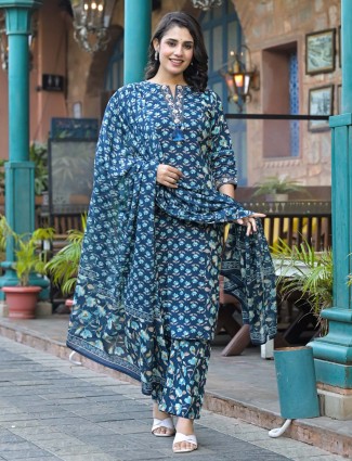 Blue cotton silk kurti set with dupatta for Women