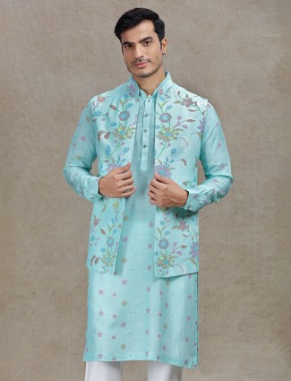 Vibrant style aqua waistcoat set for festive celebrations