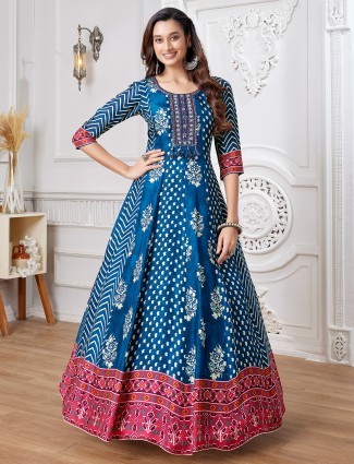 Women's Blue Printed Anarkali Suit in Russian Silk