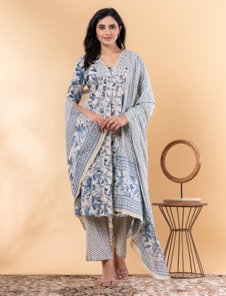 Blue Cotton Printed Kurti Set for Women