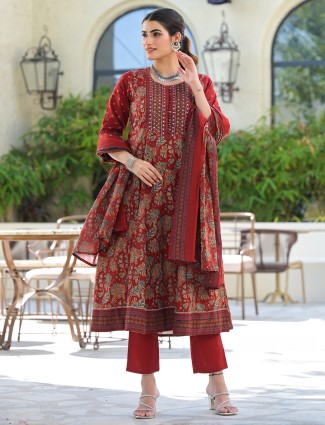 Red printed cotton silk kurti set for women