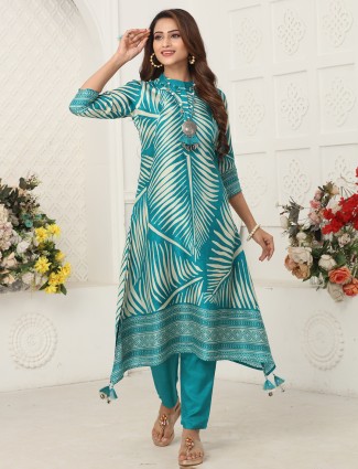 Aqua printed russian silk kurti collection for celebrations