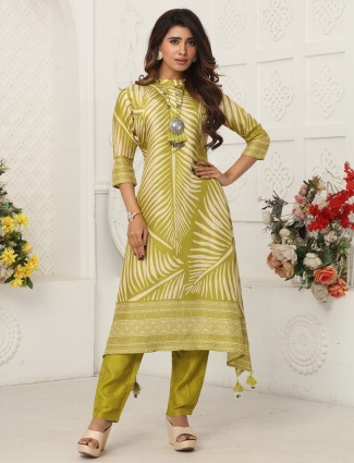 Olive printed russian silk kurti outfit