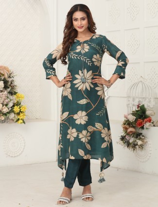 Rama green printed silk kurti ensemble