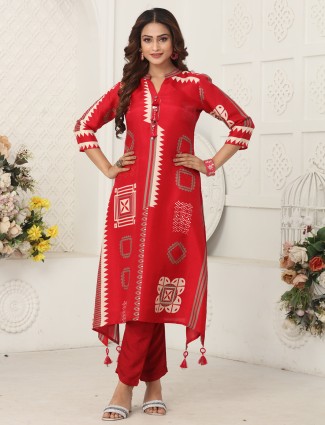 Red patterned kurti set in russian silk