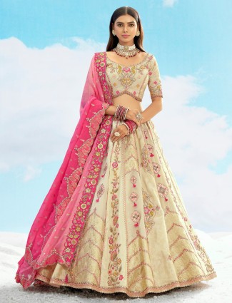 Stunning beige silk lehenga choli with dupatta
