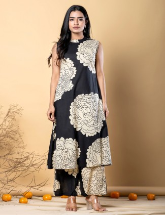 Black cotton silk printed palazzo kurti set for festive