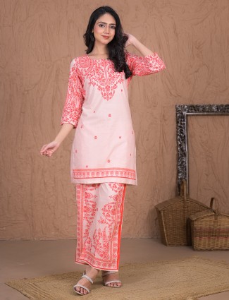 Orange cotton palazzo kurti set in printed