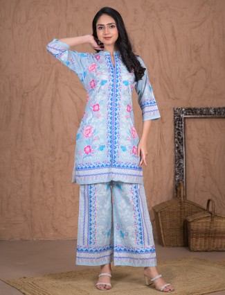 Sky blue cotton silk printed kurti palazzo set