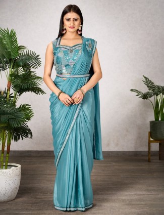 Sky blue party wear saree in shimmer georgette