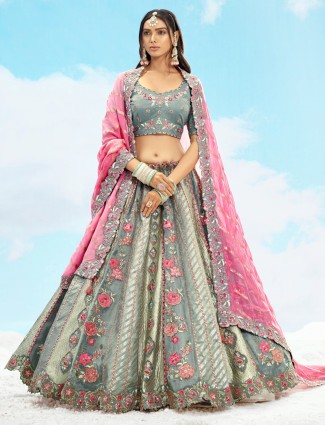 Stone grey silk unstitched lehenga choli