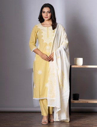 Yellow cotton kurti set for women with pant