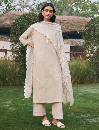 Beige muslin cotton salwar suit with dupatta for festive wear