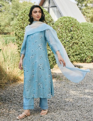 Blue muslin cotton salwar suit for women