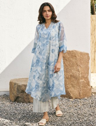 Blue printed muslin cotton salwar suit for festive wear